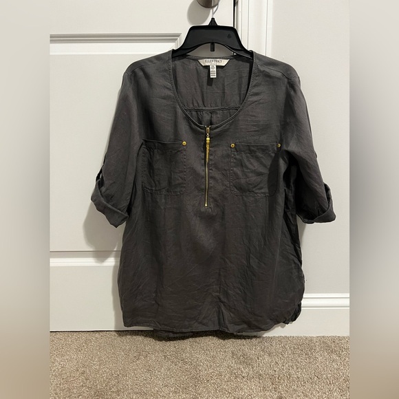 Ellen Tracy Tunic Womens XL 100% Linen Gray With Gold Zipper Roll Tab Sleeve - Picture 1 of 5